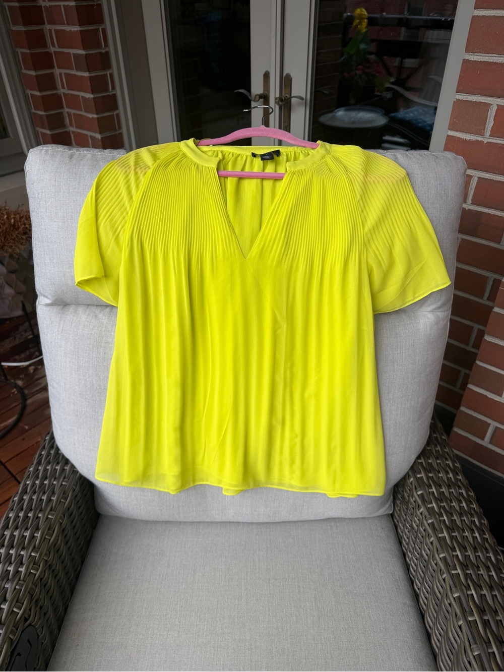 Halogen Bright Yellow Pleated V-Neck Short Sleeve Blouse